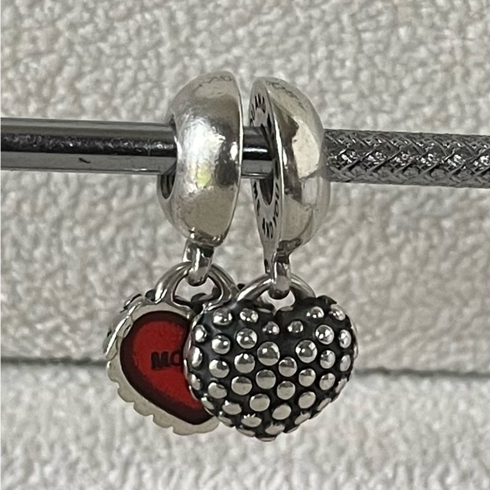 Pandora 925 Sterling Silver Red Enamel Mother Daughter Heart Dangle Charm - Picture 3 of 4